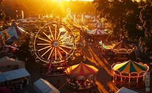 Aerial view of a brightly lit amusement park at sunset, featuring a Ferris wheel, carousels, and other rides.