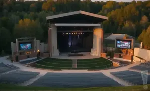 Outdoor amphitheater with a stage, seating, and large screens, surrounded by trees.