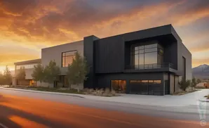 Modern, dark-colored building with large windows against a dramatic sunset sky.