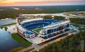 Aerial view of a stadium at sunset, with blue seats and a green field.