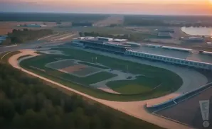 Aerial view of a race track at sunset with grandstands and a lake.