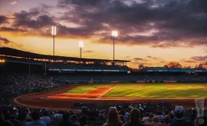 Baseball stadium at sunset with dramatic clouds and illuminated field.