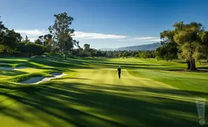 A golfer stands on a lush green fairway, with sand traps and trees surrounding the course.