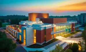 An aerial view of a modern, multi-story building with orange and white facades and large glass windows, illuminated at dusk.