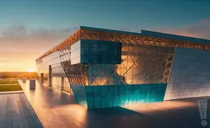 Modern glass building with geometric patterns reflecting sunset light.