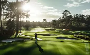Golfer swings at a beautiful golf course with trees and a lake.