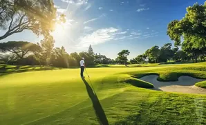 Golfer on a sunny golf course with sand traps and trees under a blue sky.