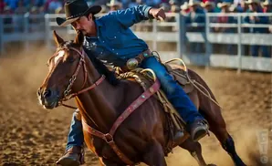 Cowboy riding a bucking horse at a rodeo, kicking up dust.