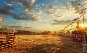 Rodeo arena at sunset with colorful flags and dramatic clouds.