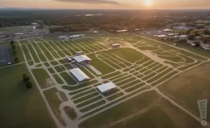 Aerial view of a large outdoor event space with rows of tents and buildings at sunset.