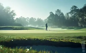 Golfer tees off on a misty, sunlit golf course with trees in the background.