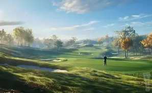 A lone golfer stands on a sun-drenched golf course with rolling green hills and autumn trees.