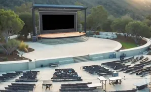 Outdoor amphitheater with a large screen on stage and tiered seating for an audience in a natural setting.