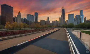 A curving road leads to the Chicago skyline under a vibrant orange and pink sunset.
