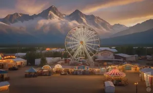 An amusement park with a Ferris wheel and various attractions sits below snow-capped mountains during a sunset.