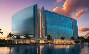A modern glass building reflects in a tranquil body of water at sunset, with palm trees and clouds in the sky.