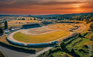 Aerial view of a racetrack at sunset, with golden fields and a dramatic orange sky.