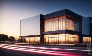 Modern glass building at sunset with light trails from cars in the foreground.