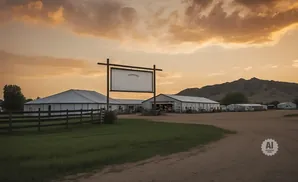 Sunset over a ranch with white buildings and a large sign.
