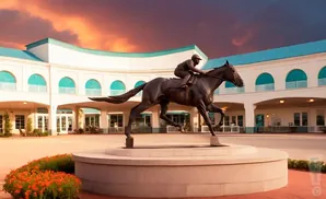 Bronze statue of a jockey riding a horse in front of a white building with a blue roof.