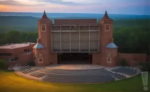An outdoor amphitheater at sunset with a brick building, stage, and tiered seating.