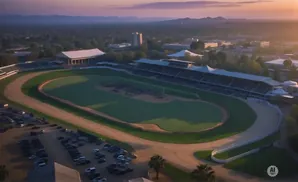 Aerial view of a horse racing track with grandstands and surrounding buildings at sunset.