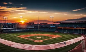 A baseball field at sunset with the sun peeking through the clouds over the stadium.