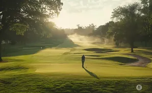 Golfer on a misty golf course at sunrise.