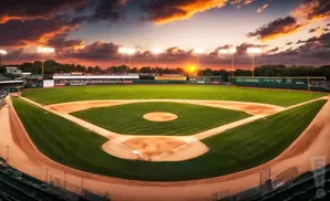 Baseball field at sunset with dramatic clouds and stadium lights.