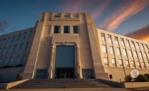 Art Deco building with imposing stone facade and grand staircase at sunset.