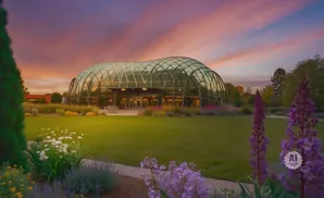 A geodesic dome greenhouse with lush green lawn and purple flowers in the foreground.