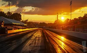 A drag strip at sunset, with bright orange sun illuminating the track and clouds.