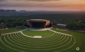 An outdoor amphitheater with a stage at sunset.