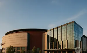 A modern domed building with beige siding is next to a glass-fronted building.