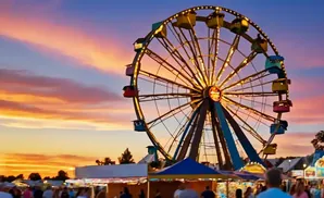 A Ferris wheel glows at sunset with colorful cabins against a vibrant sky.