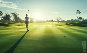 Golfer silhouetted against a bright sun on a lush golf course.