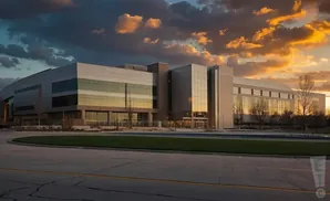 Modern office building with large windows reflects a dramatic sunset with colorful clouds.
