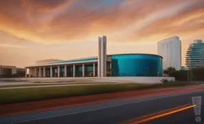 A modern building with a curved blue glass section against a dramatic sunset sky.