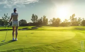 A golfer stands on a green golf course with a golf club, looking towards a bright sun.