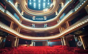An opulent theater interior with tiered red velvet seats and ornate gold trim.