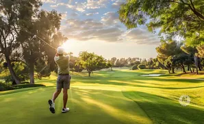 Golfer swings club on a sunlit golf course fairway with trees and clouds in the background.