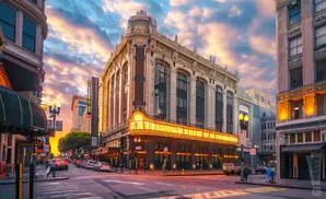 Downtown cityscape at sunset with a historic theater illuminated by marquee lights.