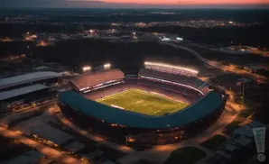 Aerial view of a brightly lit football stadium at dusk, surrounded by a dark cityscape.