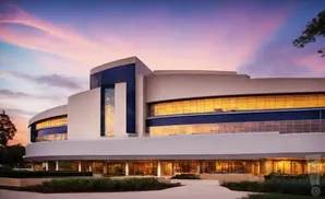 Modern building with curved architecture and large windows against a pink and purple sunset sky.