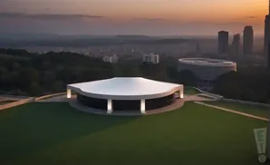 A modern white building with a curved roof sits on a grassy hill overlooking a city at dusk.