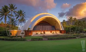 An outdoor amphitheater with a large arched roof, palm trees, and mountains in the background during sunset.