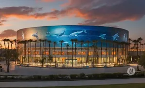 Modern building with dolphin mural, palm trees, and sunset sky.