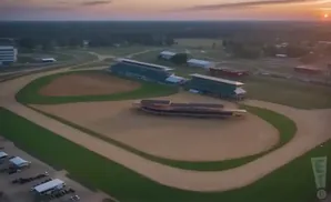 Aerial view of a horse racing track at sunset.