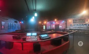 A dimly lit music venue with a red stage, keyboards, and a bar in the background.