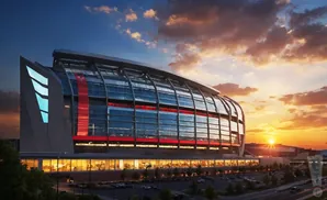 A modern stadium with a glass facade and red and blue lighting at sunset.